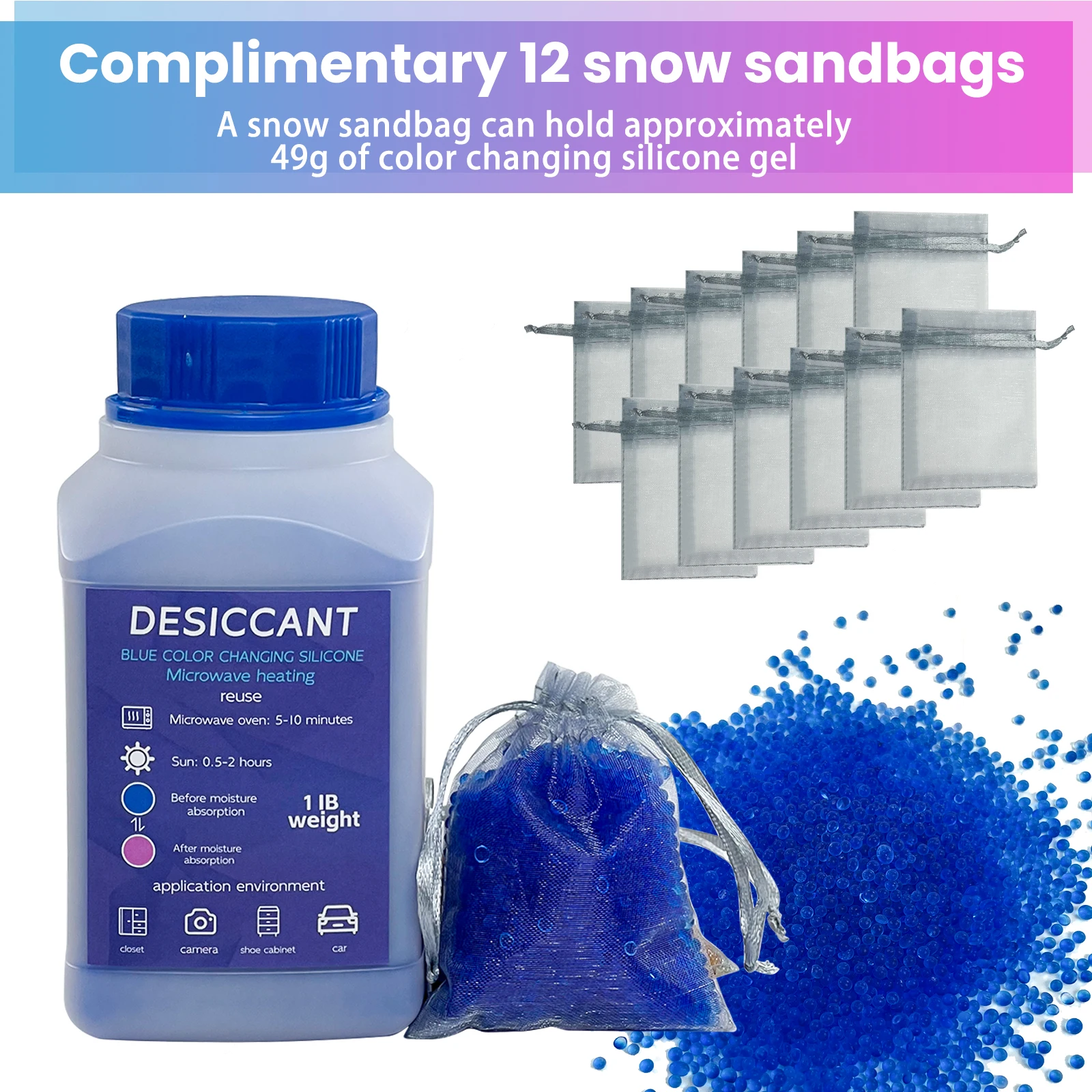 465g + 12 sacs Gel de silice réutilisable perles imperméables absorbeur d'humidité produit électronique déshydratant absorbeur d'humidité déshumidifie