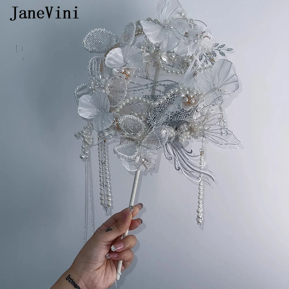 JaneVini Luxury Beaded Pearl Wedding Bride Hand-held Fan Xiuhe Clothing Hanfu Photography Props Bridal Flowers Bouquets
