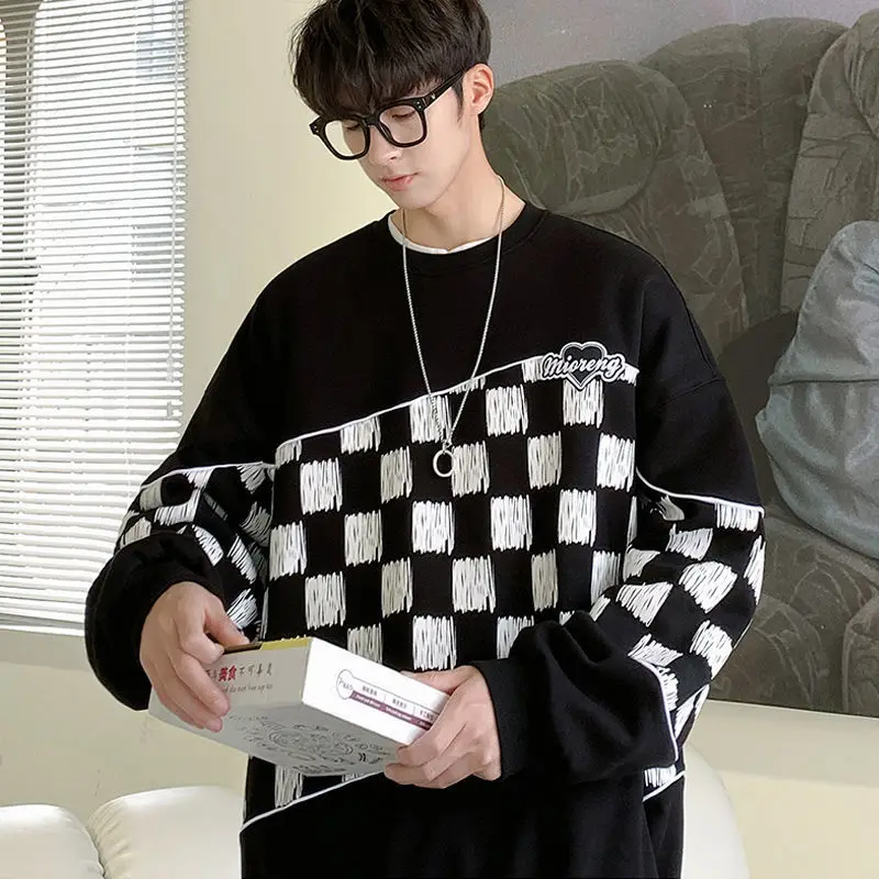 Lattice Crewneck Sweatshirt Unisex Couple Korean Checkerboard Plaid Hip Hop Fashion Oversized Streetwear Hoodie 2022 New INS