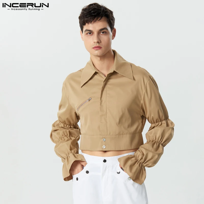 

INCERUN Tops 2023 American Style Men Solid Cropped Bubble Sleeve Shirts Casual Well Fitting Male Long Sleeved Lapel Blouse S-5XL