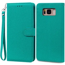 Luxurious Leather Wallet Flip Case for Samsung Galaxy S8 Plus (Cyan -Strap)