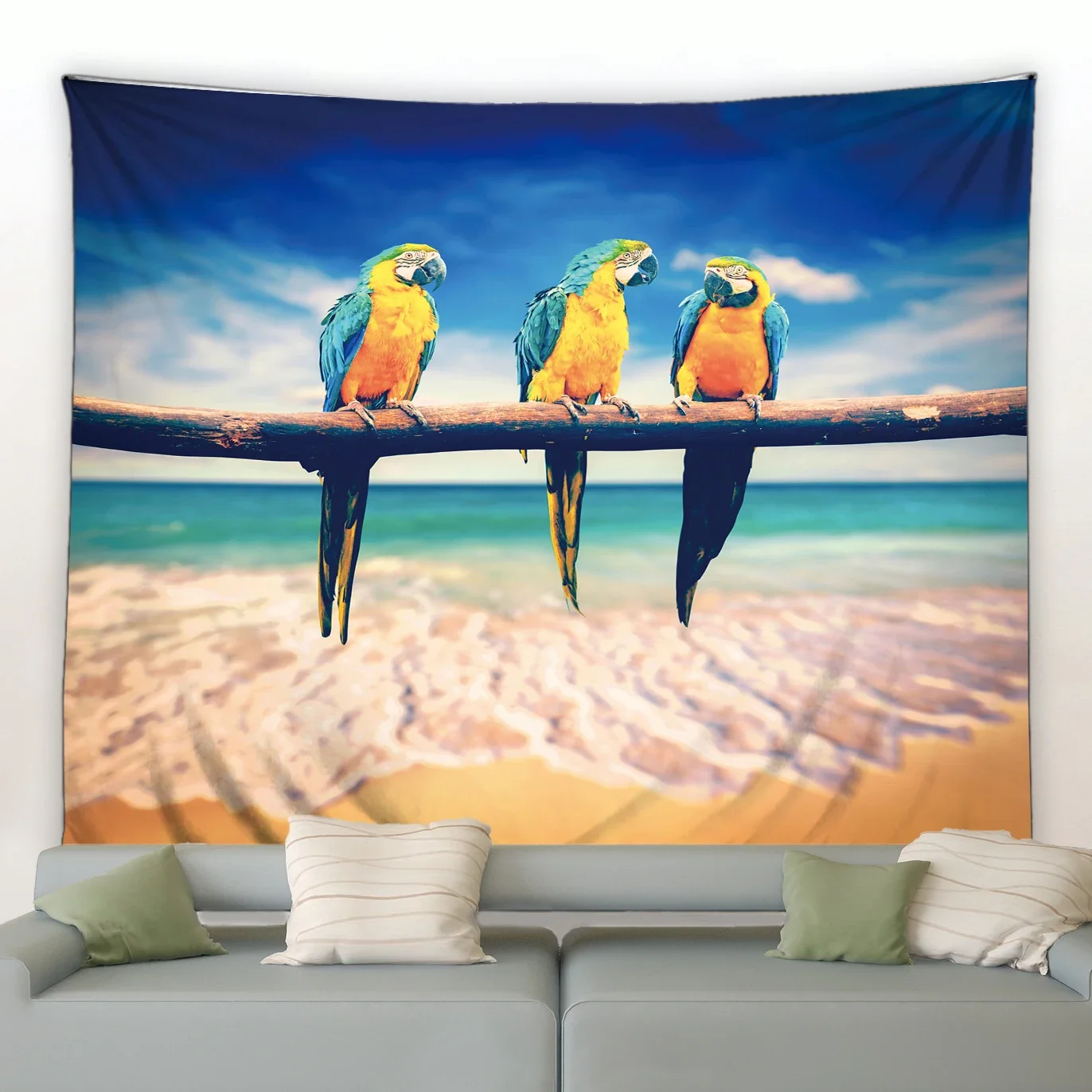 Papegaaienpatroon Kleurrijke Vogel Oceaan Strand Zee Palmboom Waterval Woonkamer Woonkamer Achtergrond Interieur Wandtapijt