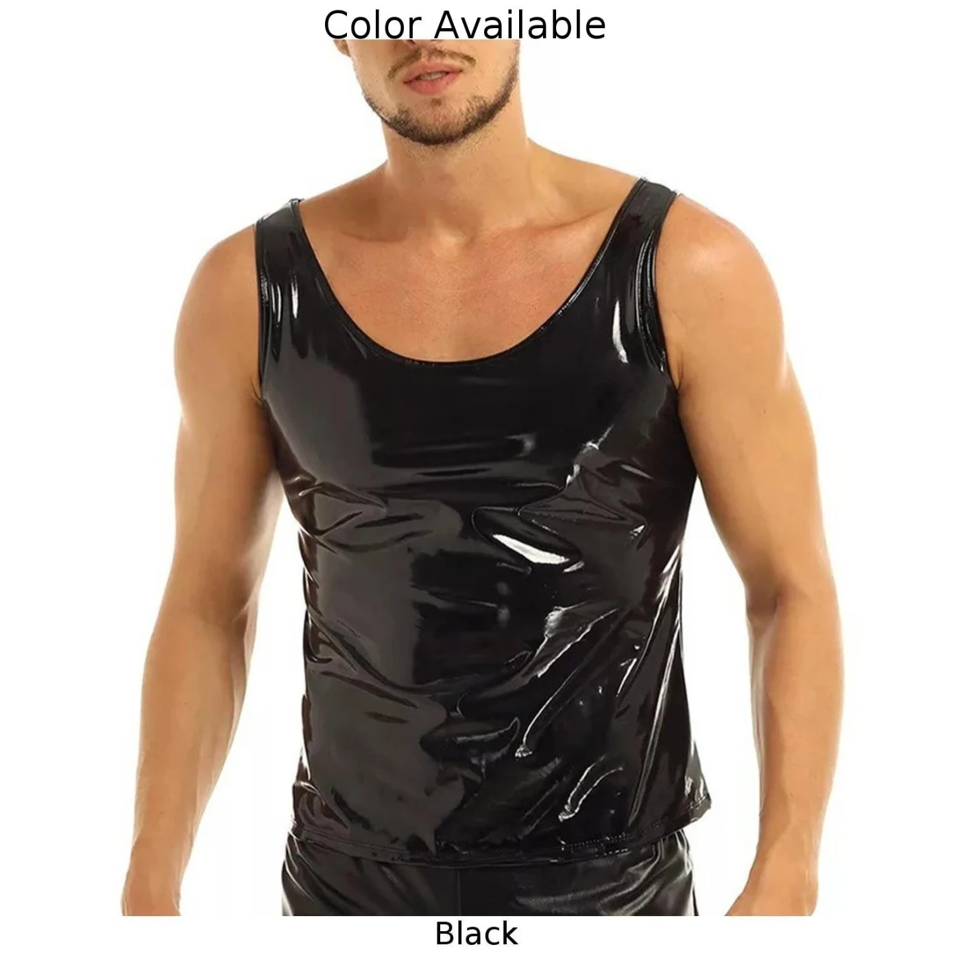 PVC Patent Leather Undershirt Tank Tops for Men, Wet Look Sleeveless T Shirt, Slim Fit Vest Black, M 3XL Sizes Available