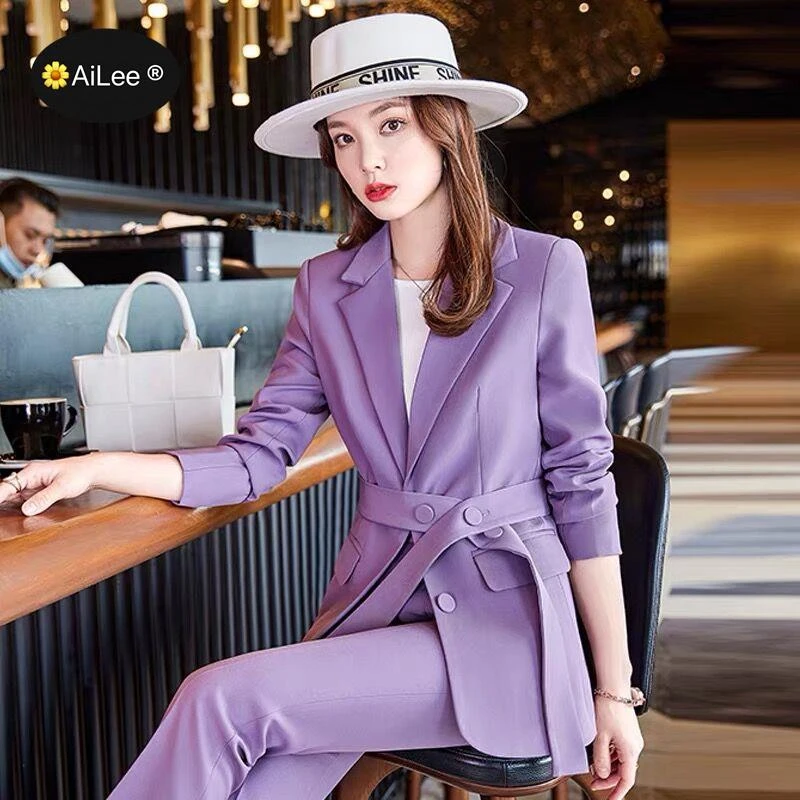 Chaqueta violeta de gran tamaño para mujer, traje de pantalones con cinturón, conjunto de lujo para trabajo Formal, abrigo de oficina y negocios, chaquetas de invierno, 4XL| | - AliExpress