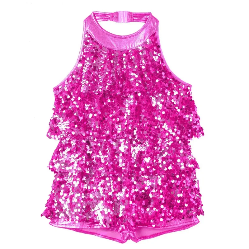 

Kid Girls Halter Shiny Sequins Ballet Dance Shorty Unitard Dress Modern Jazz Latin Dance Costume Sparkly Samba Tango Dance Wear