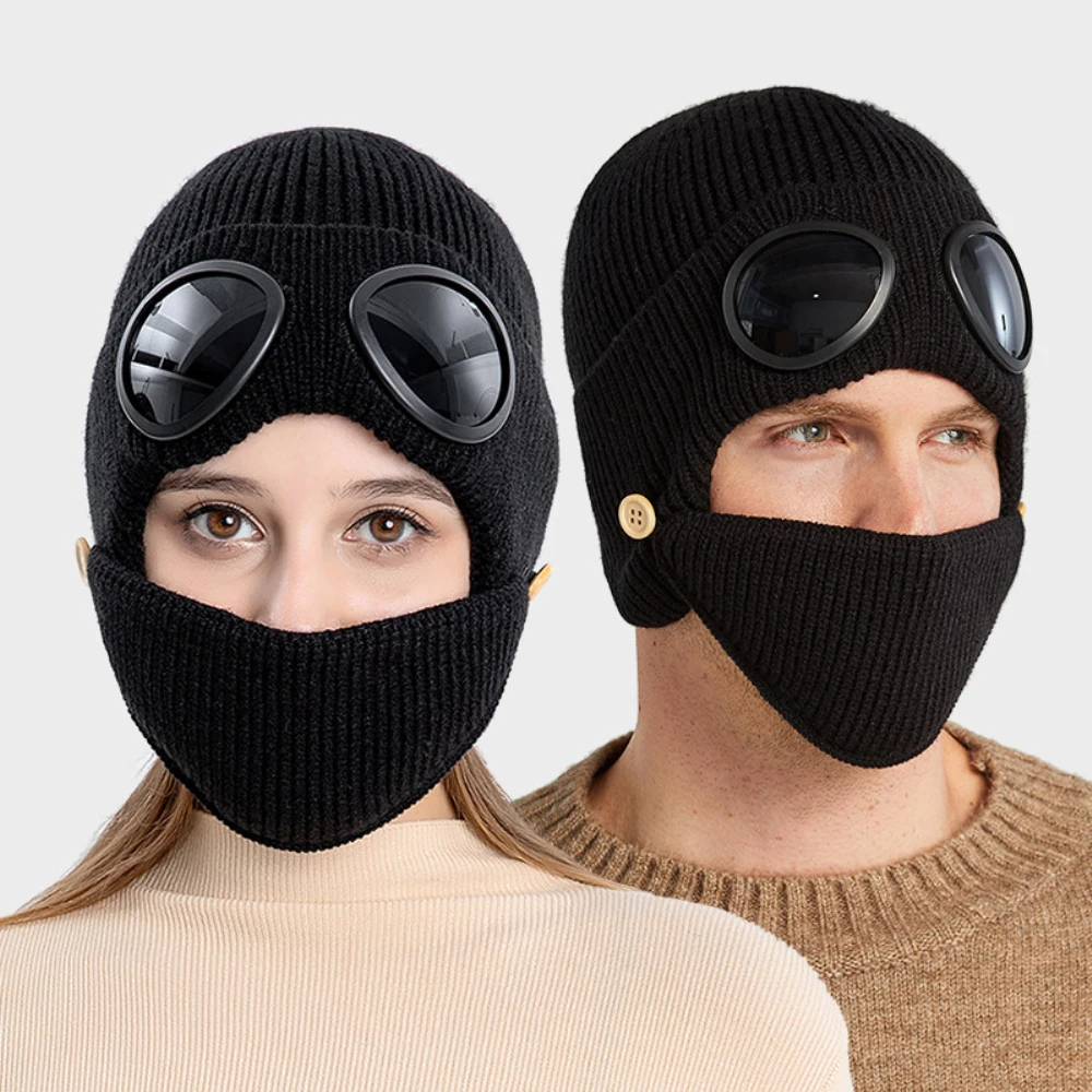 

MZ3308 Fashion Winter Hats with Glasses and Mask Men Women Knitted Beanie Hat Male Female Skullies Beanies Snow Ski Beanie Cap