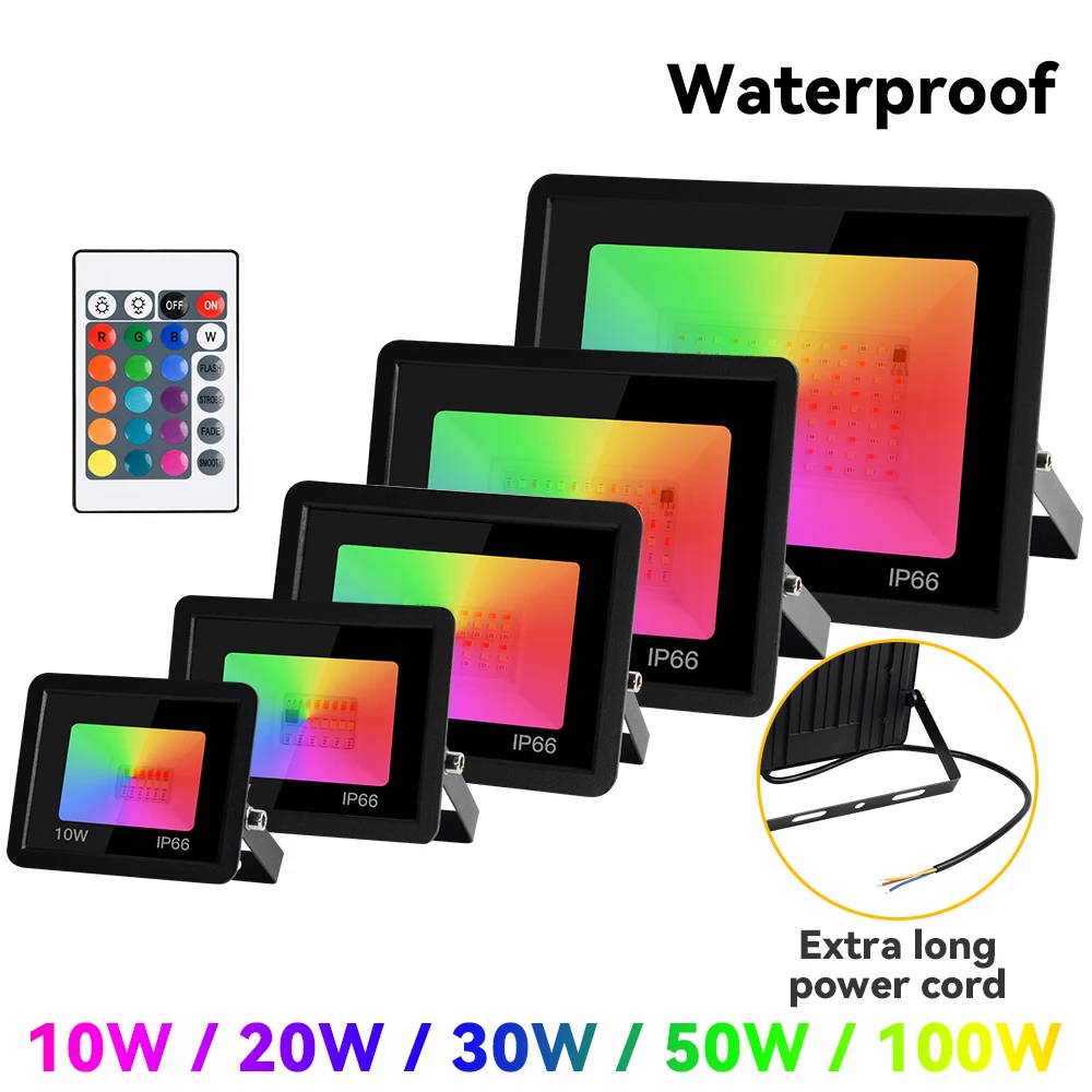 RGB 홍수 빛 방수 IP66 야외 원격 제어 투광 조명 220W/150W/100W/50W 스포트라이트 AC 220V 디밍이 가능한 정원 조명
