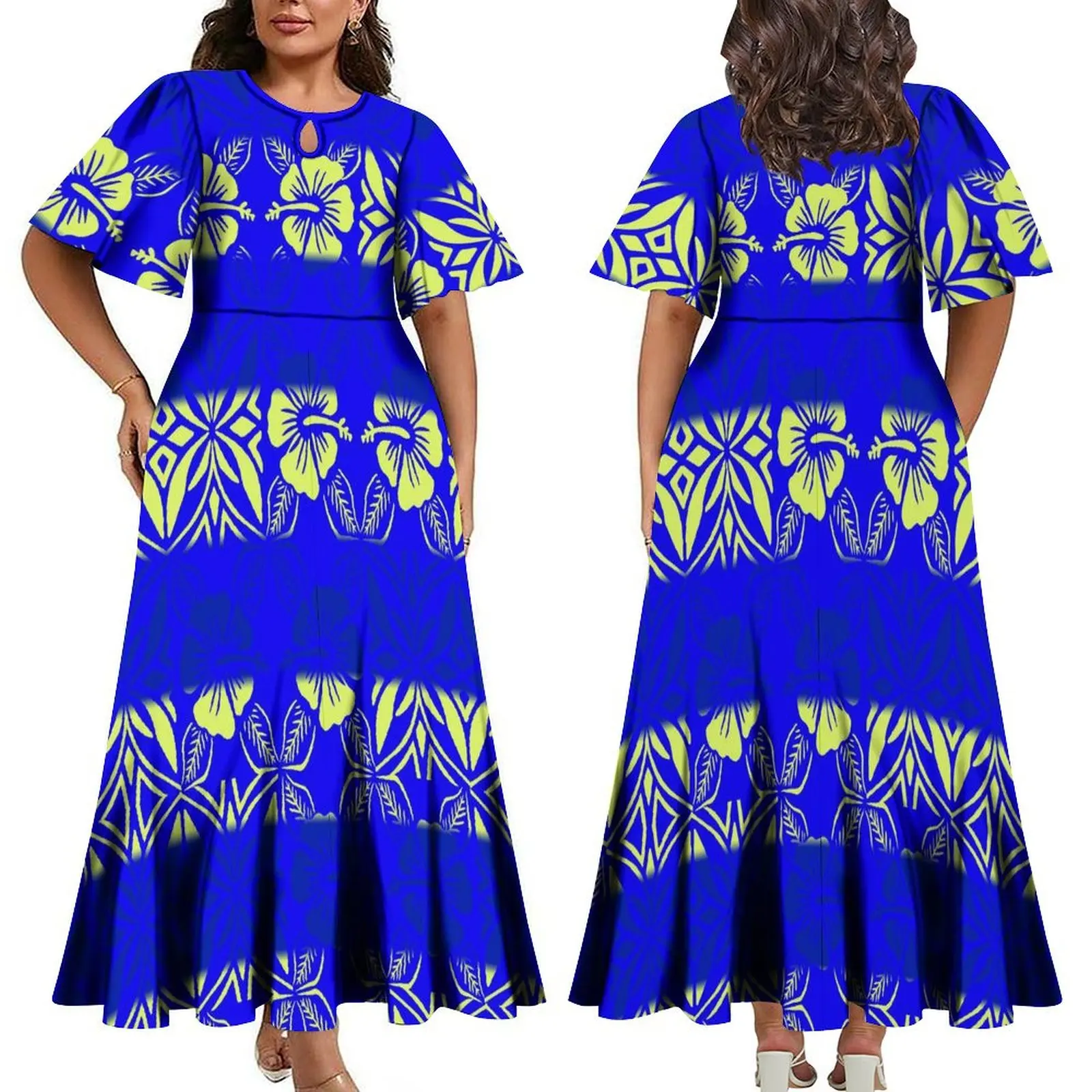 

2023 New Design Women'S Dress Breathable O Neck Maxi Dress 6xl Polynesian Tribal Design Hollowed-Out Trumpet Sleeve Party Dress