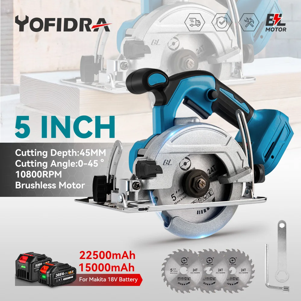 

Yofidra 5 Inch 125MM Brushless Electric Circular Saws Adjustment for Woodworking Electric Cutting Tool For Makita 18V Battery