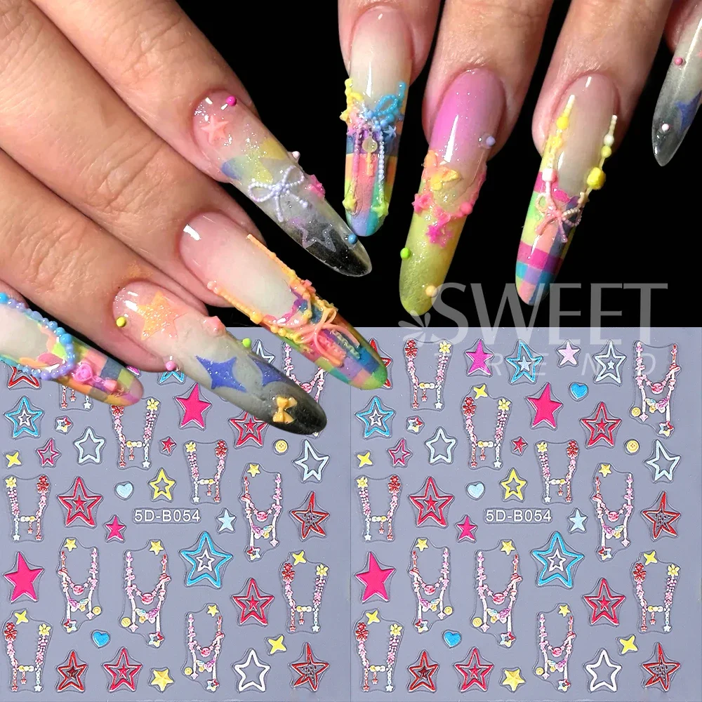 5D Tassel Bow Star Nail Stickers Y2K Colorful Star Love Heart Nail Art Decals Valentine's Day Manicure Accessories Nail Supplies