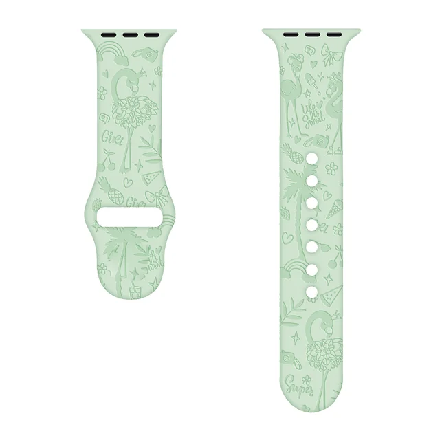 Sport Strap for Apple Watchband 44mm 40mm 38mm 42mm 41mm 45mm Printed Silicone Bracelet for iwatch series 7 6 5 4 3SE watch band Flamingo-green