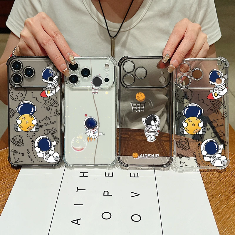 Astronaut Design Shockproof Clear TPU Phone Case with Card Slot Pocket