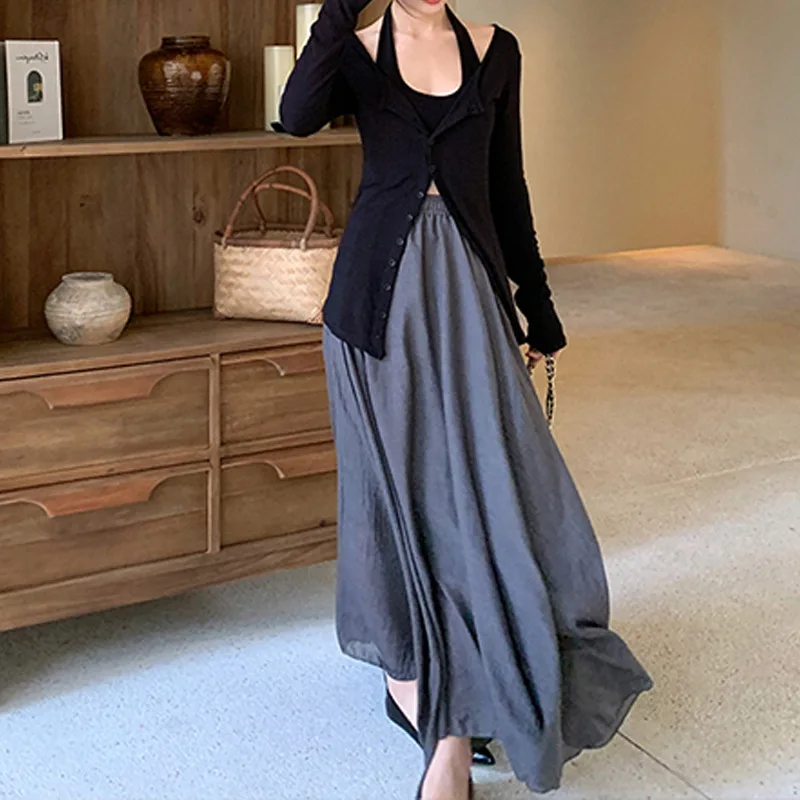 

Lrregular Grey Cotton Hemp High Waist A-line Halfskirt for Women Summer Big Swing Long Skirt 2023 Solid Color Women's Clothing