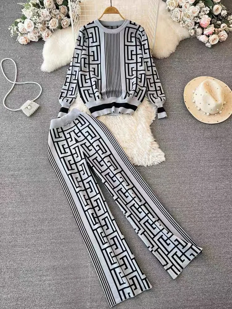 

Women's Long Sleeve Jacquard Knit Top 2-Piece Labyrinth Print Loose Sweater + Wide Legs Long Pants Korean Style Casual Chic Suit