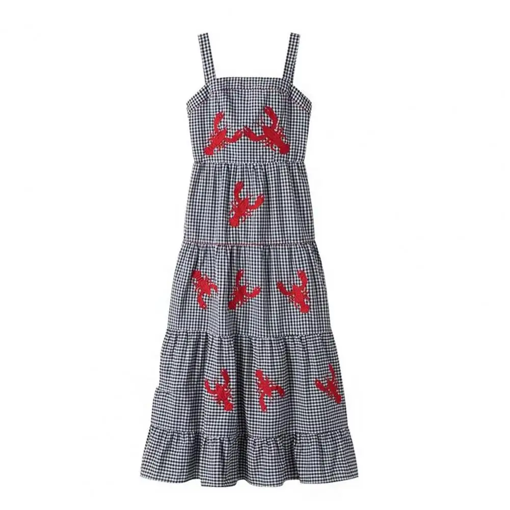 

Summer Women Dress Lobster Embroidery Sleeveless Plaid Square Neck A-line Loose Hem Patchwork Vacation Beach Midi Dress