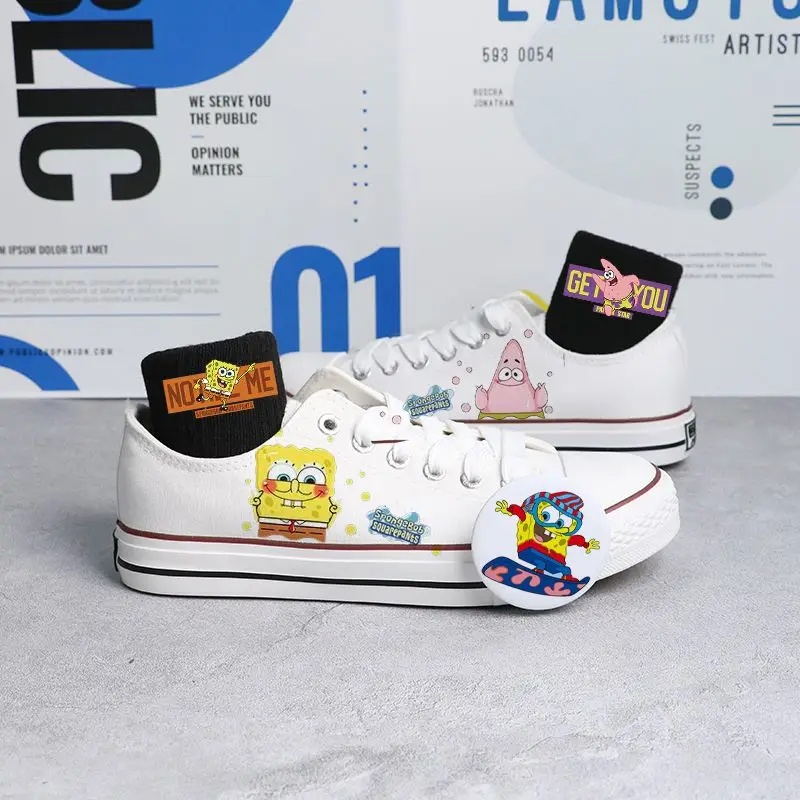 SpongeBob SquarePants white black Low Top Canvas For Men And Women Small White Summer Couple Breathable Board Shoes 4