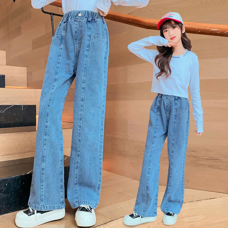 

Teen Girls Jeans New Arrivals Casual Fashion Loose High Quality Kids Leg Wide Pants School Children Trousers 6 8 9 10 12 14Years