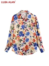 

Fashion Women Flower Printing Satin Shirt Female Long Sleeve Blouse Casual Lady Loose Tops Blusas LUJIA ALAN S9915