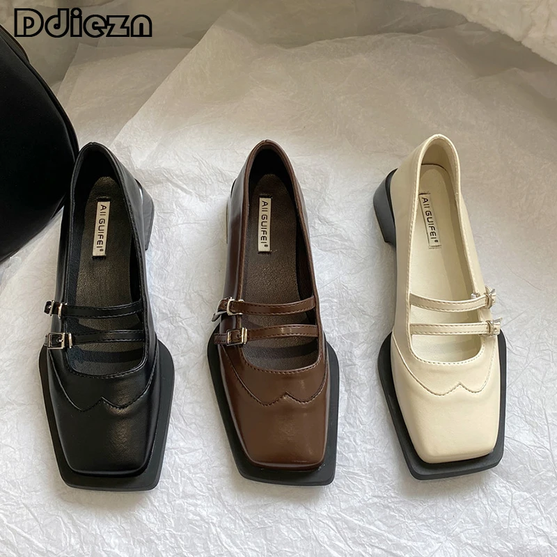 

2023 Casual Women Pumps Mary Janes Fashion Female Shoes Square Toe Low Heels Summer Outside Ladies Sandals Slides Footwear