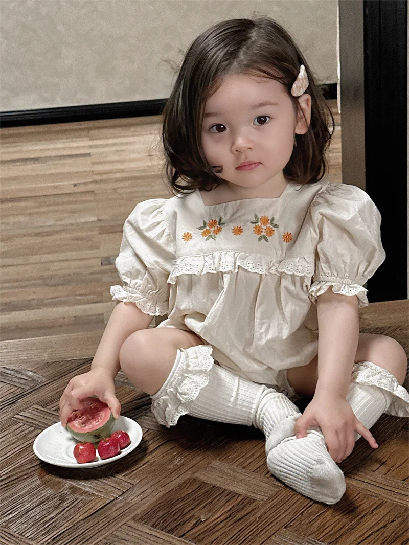 반팔 레이스 바디수트, 귀여운 꽃 자수 공주 점프수트, 옷, 0-24m, 2024 여름 신상