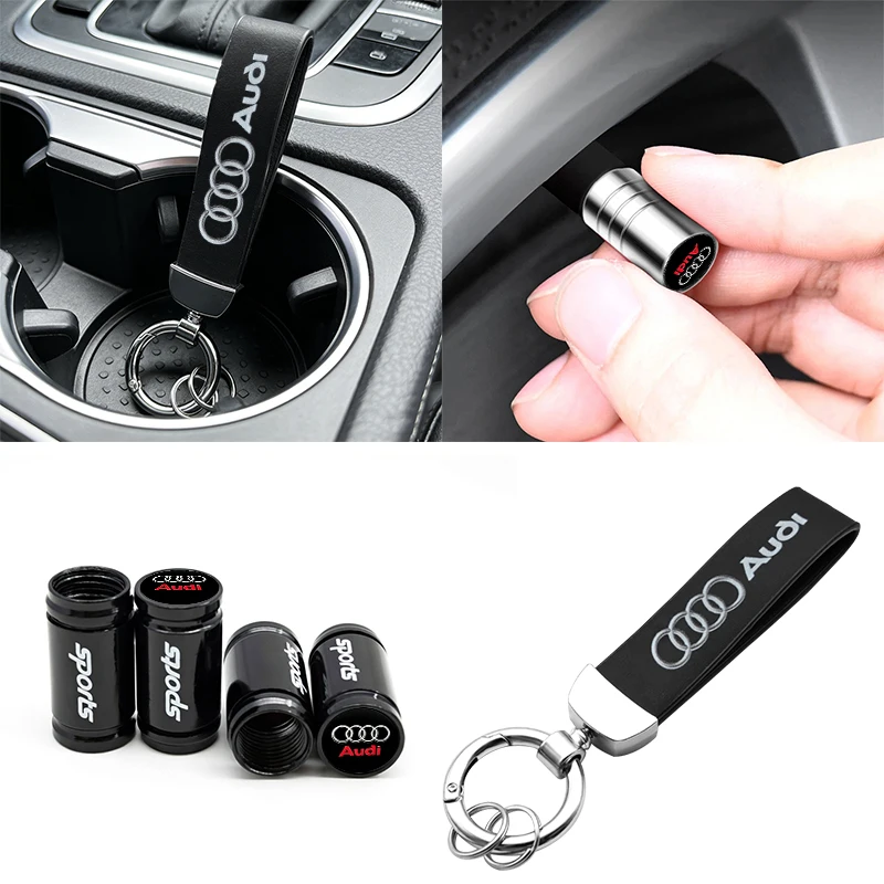 Luxury Car Tire Valve Caps and Suede Keychain Gift Set