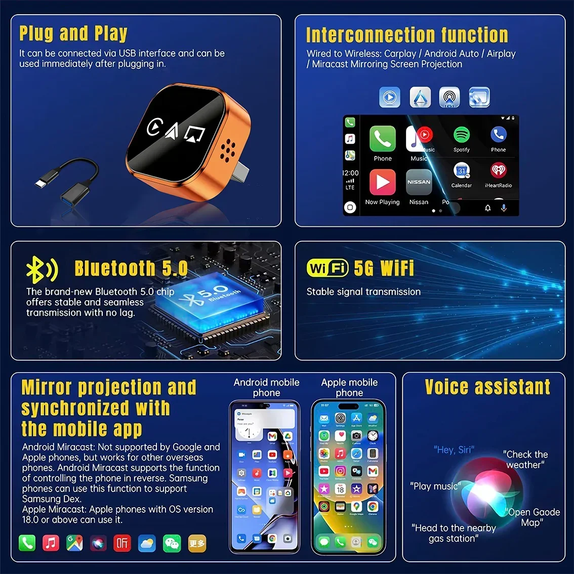 Adaptador Inalámbrico Carplay 4 en 1 Actualizado 2026, Mini Compacto, Plug and Play, WiFi de Doble Banda, Compatible con Apple y Android Auto 2