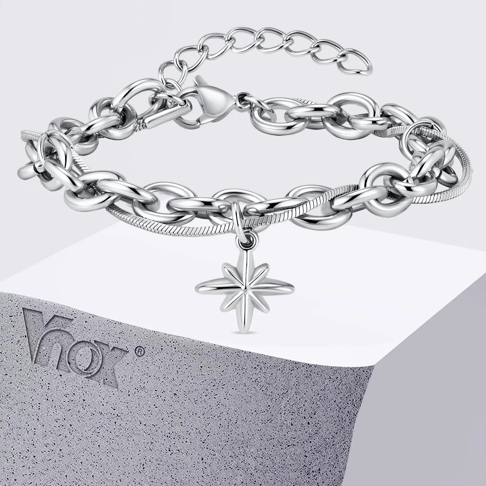 Vnox Edelstahl-Armband mit doppellagigem Stern, silberfarben, verstellbar, 17–22 cm, Hip-Hop-Charm-Kette, cooles Armband für Männer und Frauen