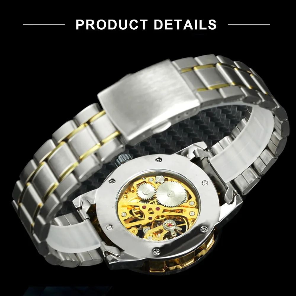 WINNER Mechanical Mens Watches Skeleton Gold Watch Men Luxury Fashion Wrist Watch Stainless Steel Strap Business Reloj Hombre
