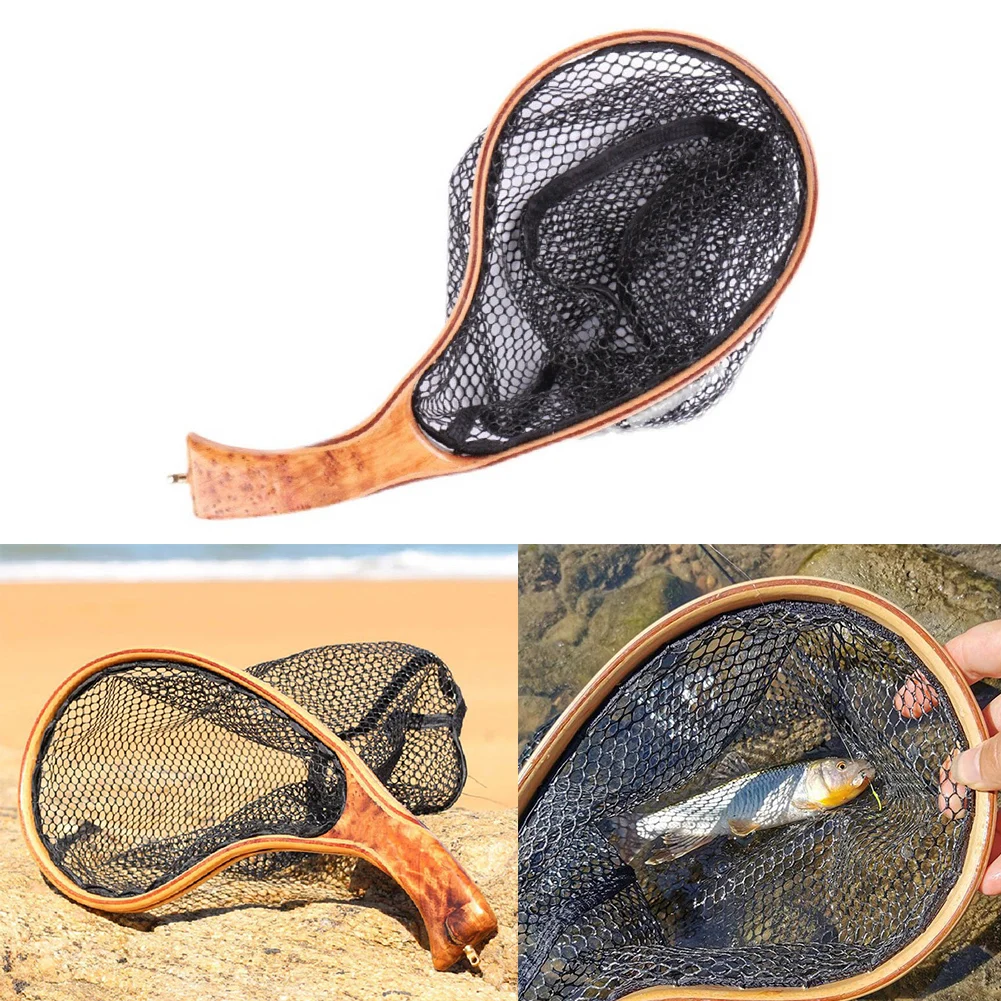 

1pc Fly Fishing Landing Net Soft Rubber Small Or Big Mesh Trout Catch And Release Net Wooden Frame Stream Fishing Net Durable