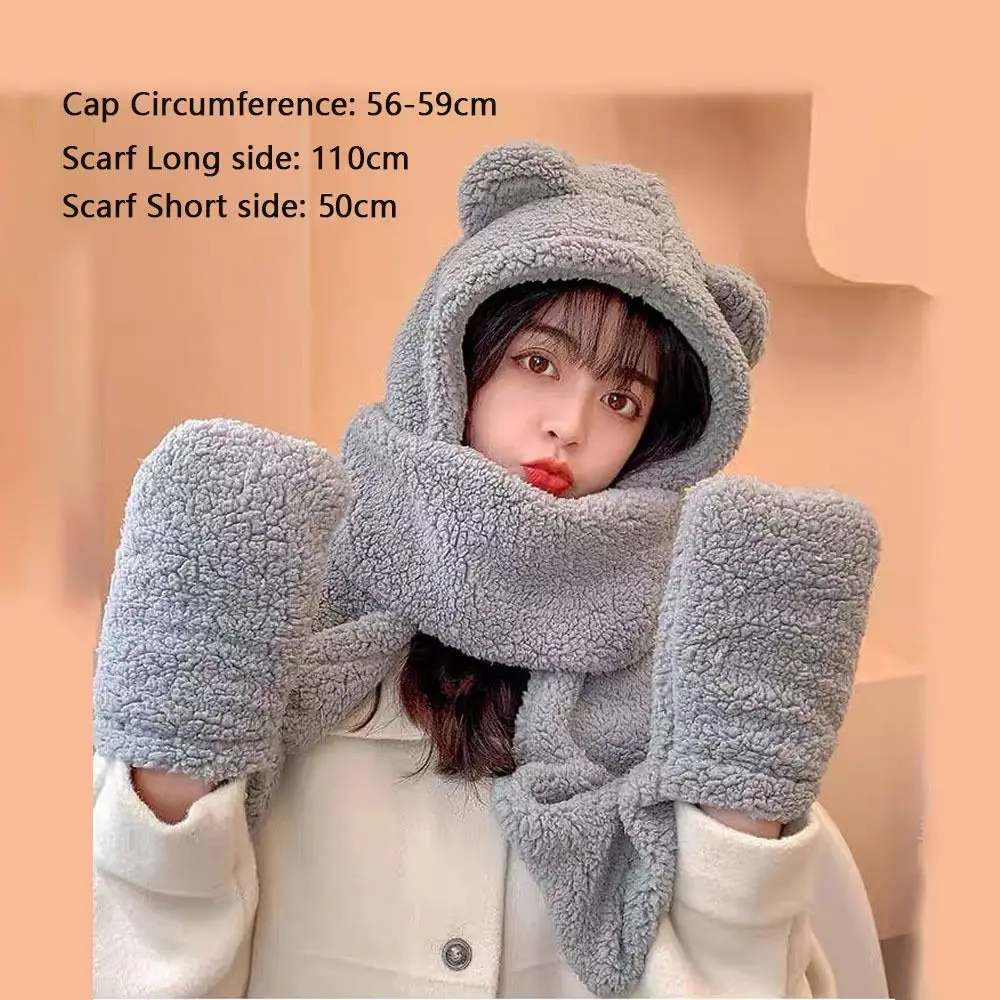 Winter Warm Women Bear Ear Hat Scarf Gloves Set