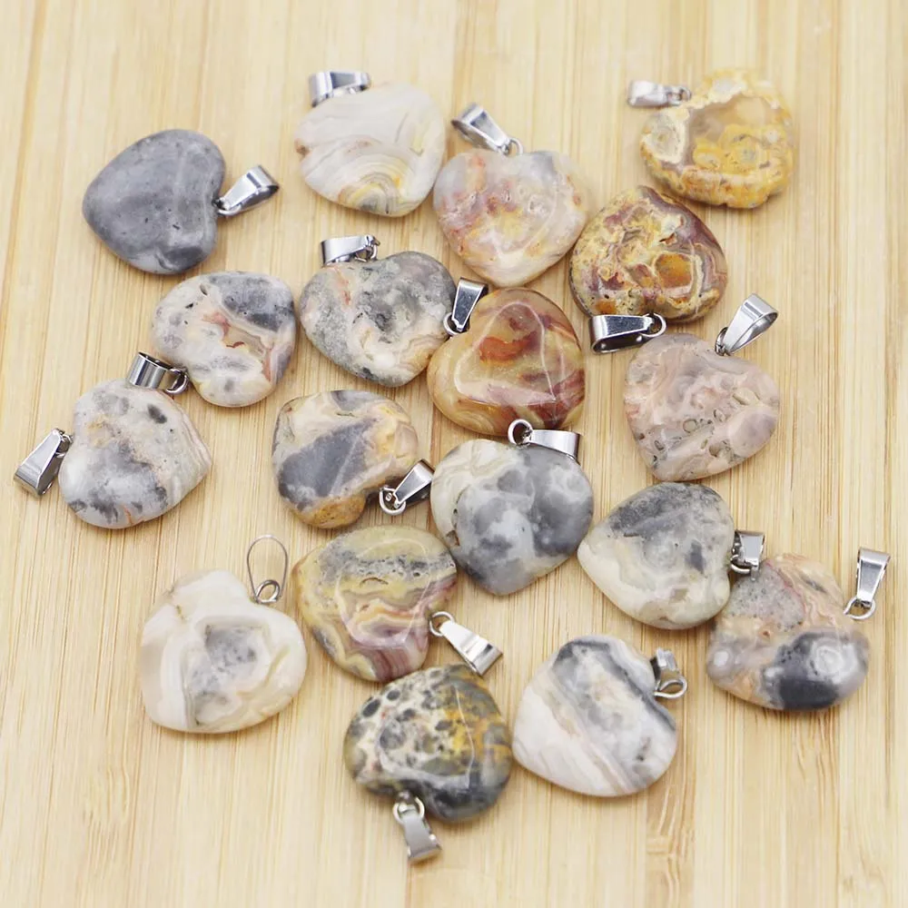 Assorted Fashion Mixed Color Natural&Synthetic Stone Heart Pendant Charm Necklace For Women Jewelry Making 20mm 50pcs Wholesale