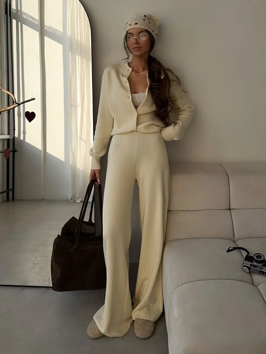 Bornladies Women's New Autumn Winter Knit  Cardigan Pants Set Slim Fit Long Sleeve Long Trousers Simple Solid Color Sweater Suit