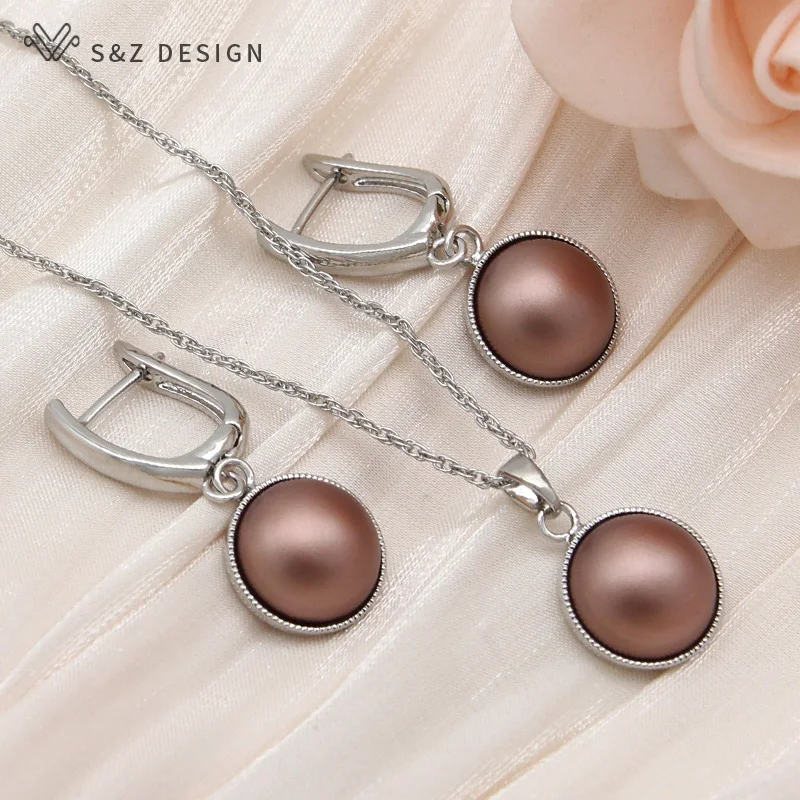 S&Z DESIGN New Fashion Round Simulated-pearl Dangle Earrings Jewelry Sets For Women 585 Rose Gold Color Pendant Necklace