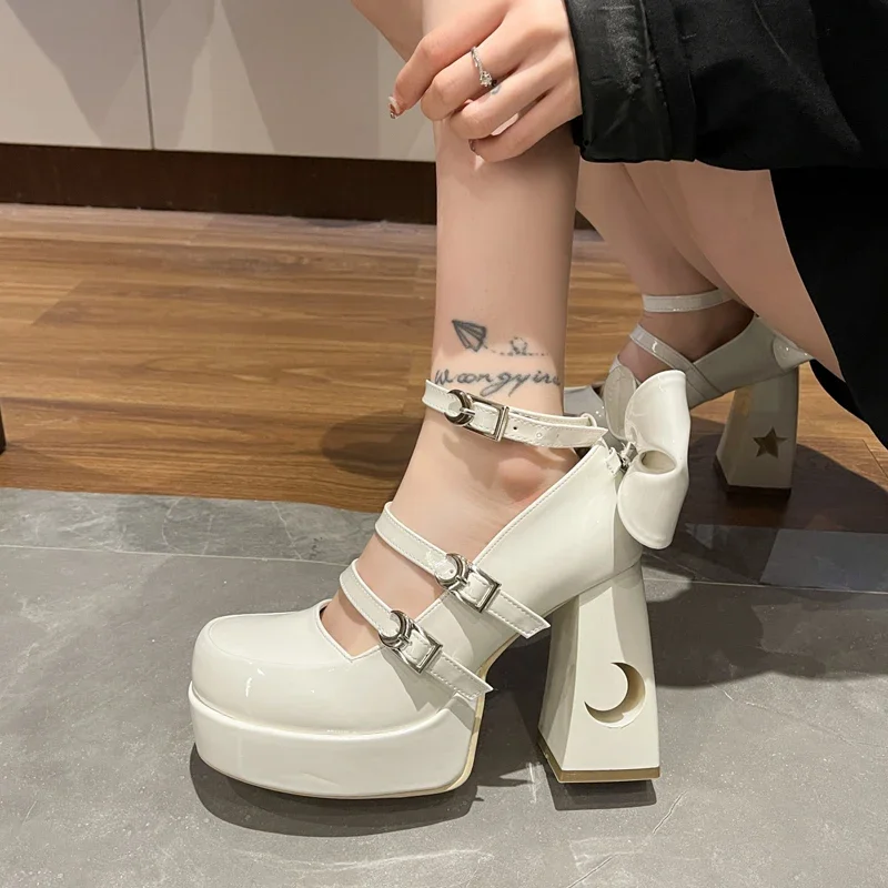 Platform Lolita Shoes Summer Hot 2024 Buckle Strap Platform Heels Pumps Bowknot Kawaii Cute Black Mary Janes Women Heels Pumps 2
