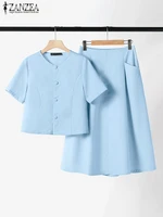 ZANZEA Casual Buttons 2PCS Suit Women Solid Skirt Sets Elegant Short Sleeve Tops Pleated Short Skirt Summer Office Dress Outfits - Image 4