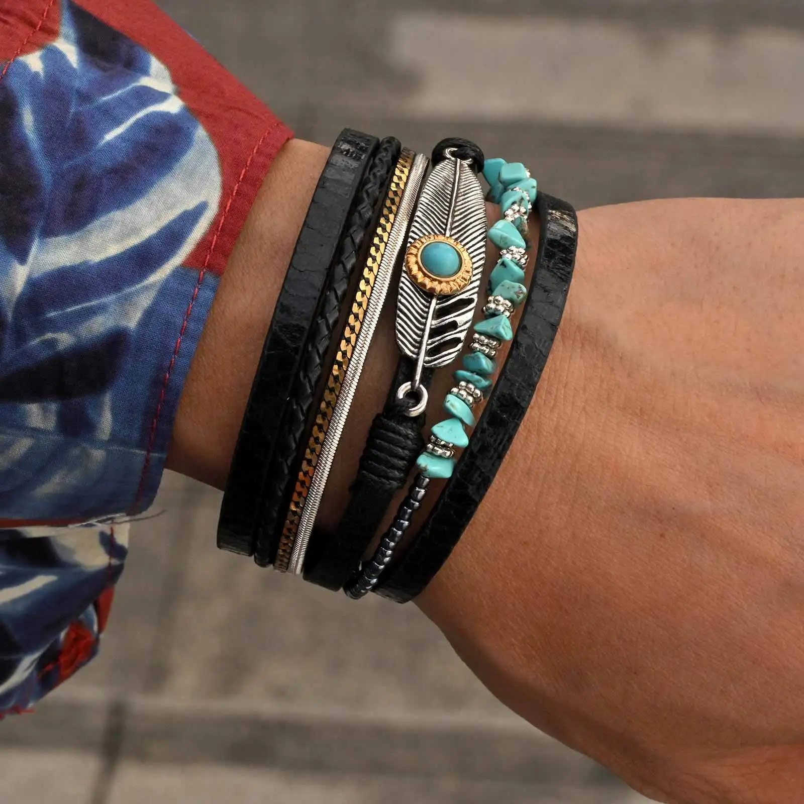 Ethnic Chunky Leather Bracelet for Men,Feather Charm Natural Turquoise 5 Lrayers Leather Bracelet,Father's Dad Gift