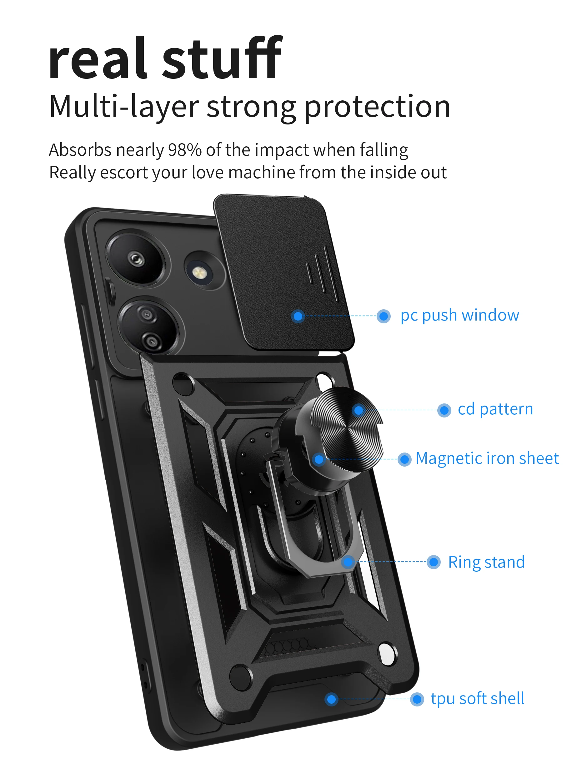 Shockproof Slide Lens Protector Phone Case with Ring Holder and Coque s