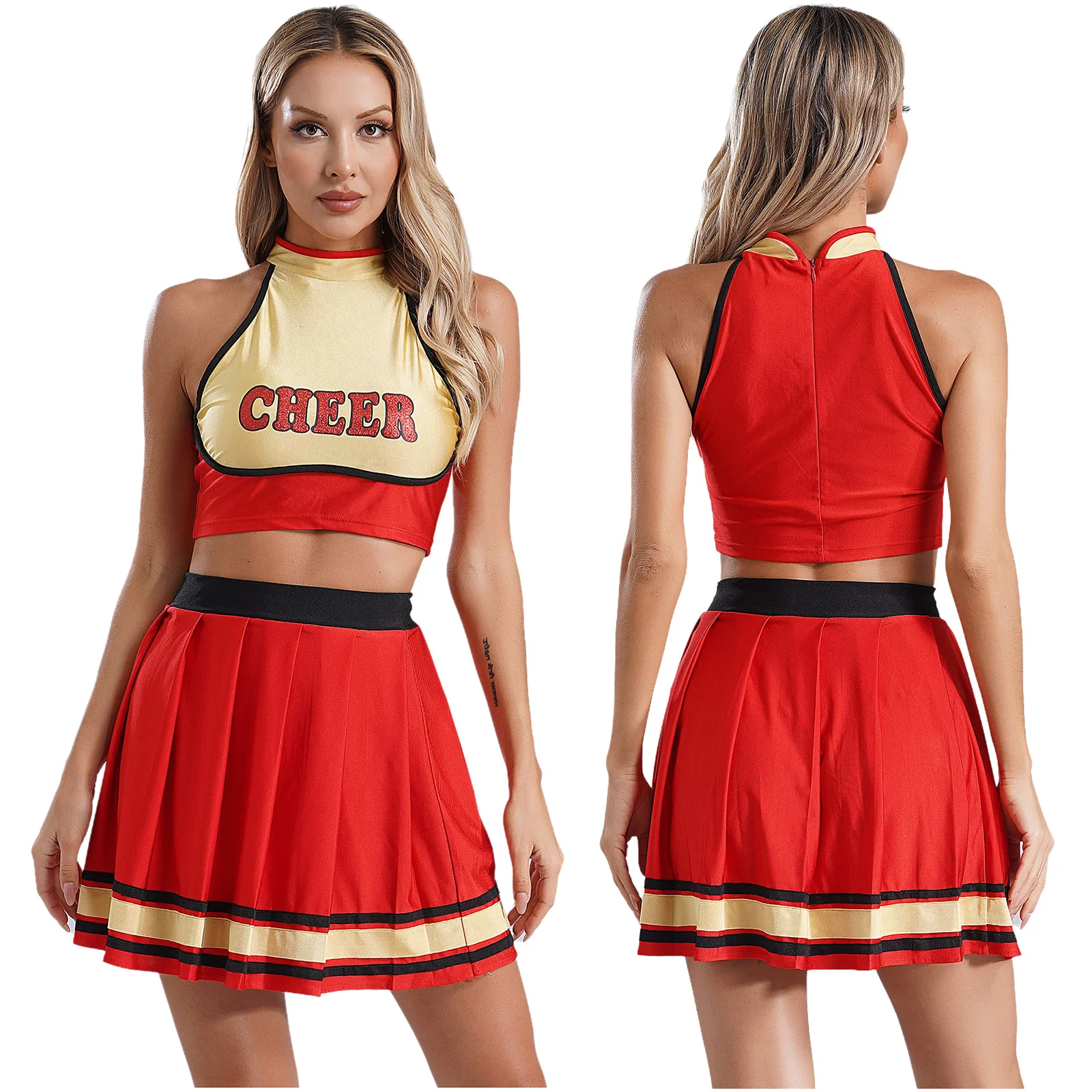 thumbnail image 1 of Uniforme de porristas para mujer, traje de baile moderno, trajes de Cosplay para niñas, Top corto estampado con letras y Falda de patinaje plisada, 1 of 5