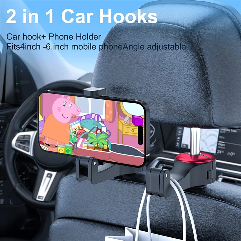 2 in 1 Car Headrest Hidden Hook, 8Pcs Car Back Seat Hanger 360° Rotating  with Phone Holder, Upgraded Car Hooks Hidden Storage Organizer Car Hook for