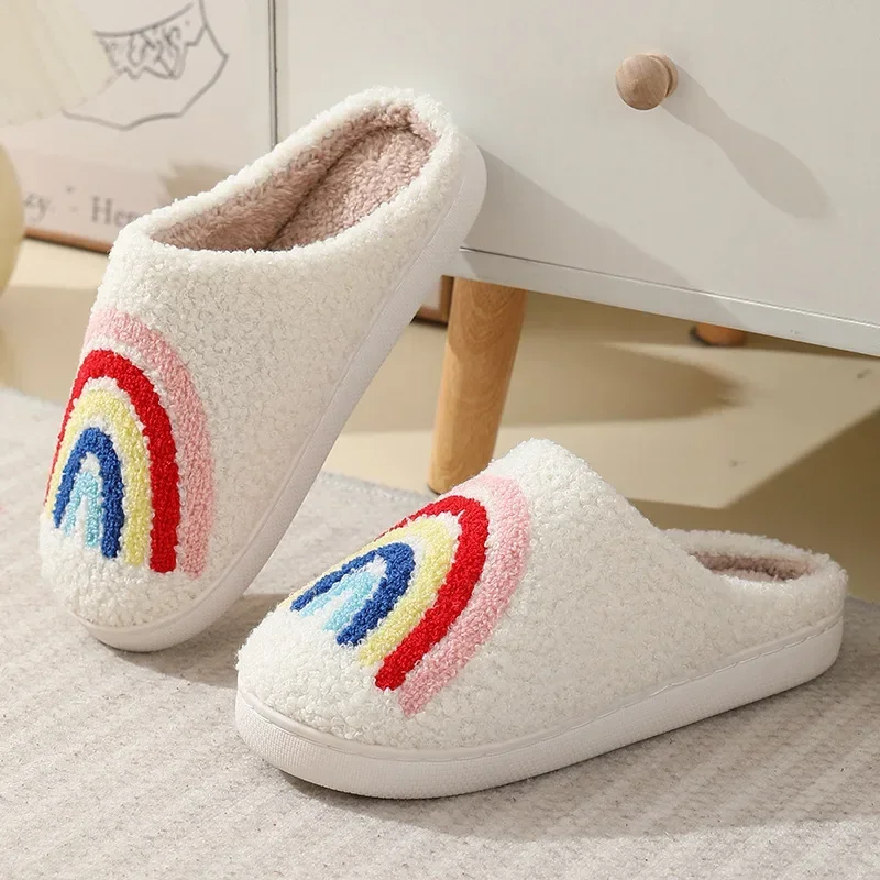 Women Rainbow Slippers Men Retro Preppy Slippers Winter Warm Plush House Fluffy Living Room Shoes Female New Christmas Gifts 3