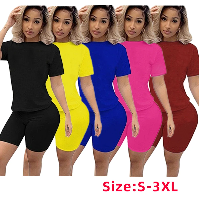 Two-piece Fashion Womens Clothing Short-sleeved Crew Neck T-shirt and Tight-fitting Shorts Tracksuit Outfit