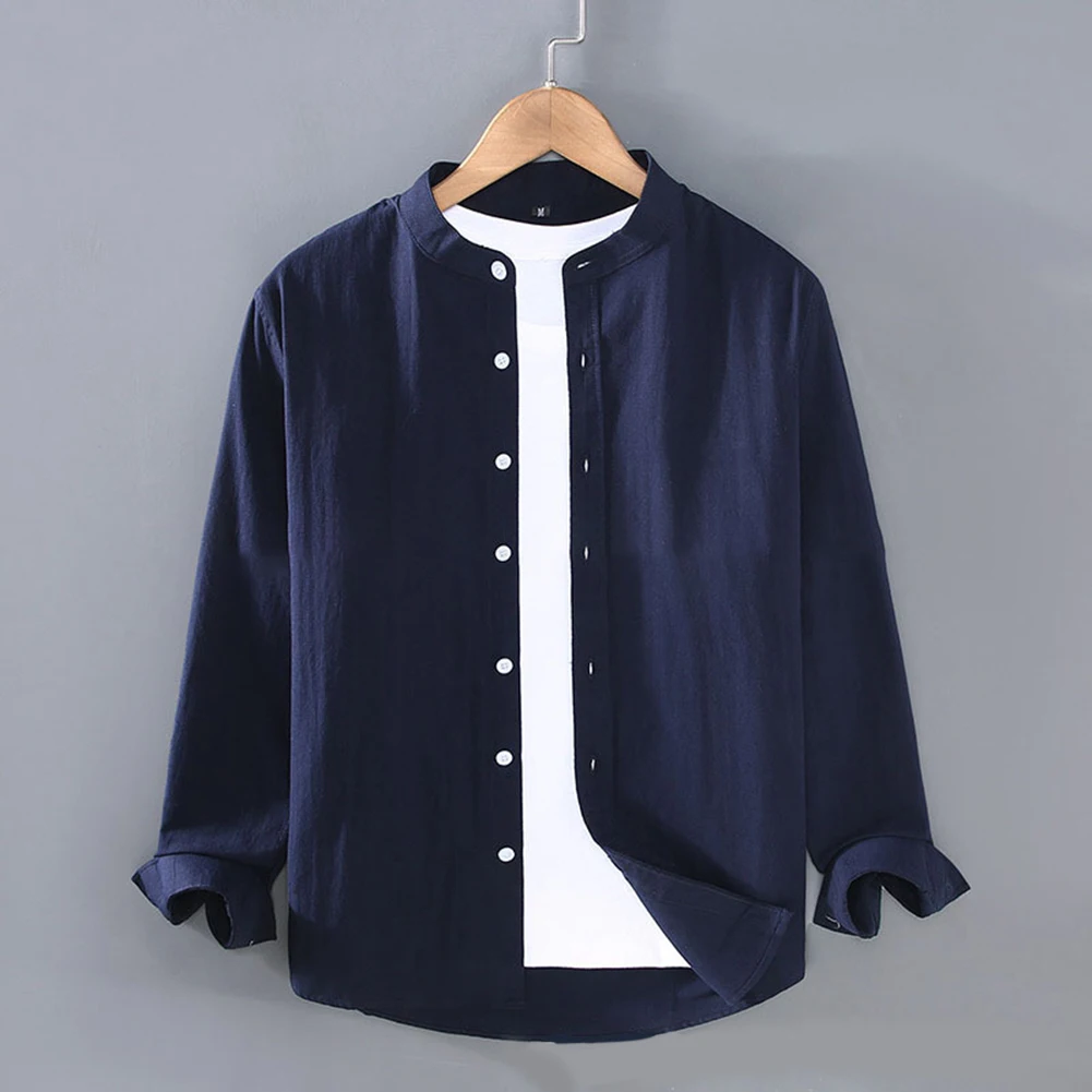 New Men's Cotton Linen Shirts Blouse Single Breasted Stand Collar Long Sleeve Solid Color Shirt Casual Male Tops