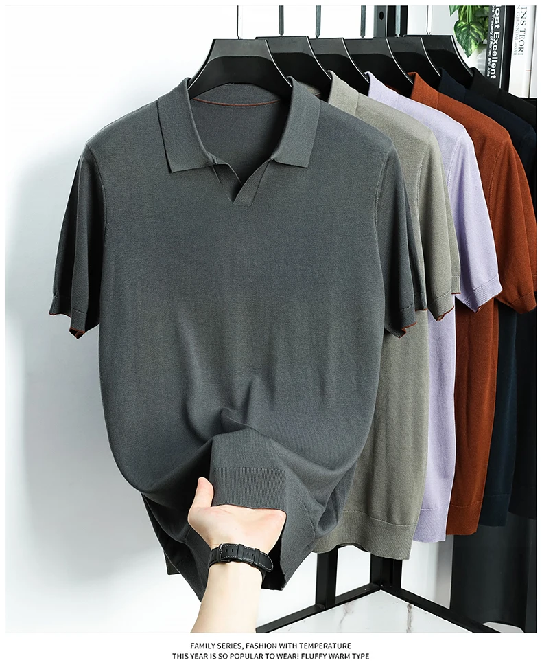 100% Lyocell Knitwear 2025 Men Spring Summer Trendy Turn Down Collar Knit Tees Short Sleeve Breathable Knit Tops