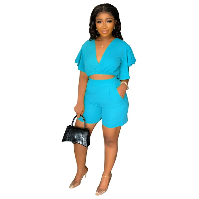 Summer Fashion Two Piece Set Women Casual Ruffled Sleeve V-neck Tops  Straight Pants Two Piece