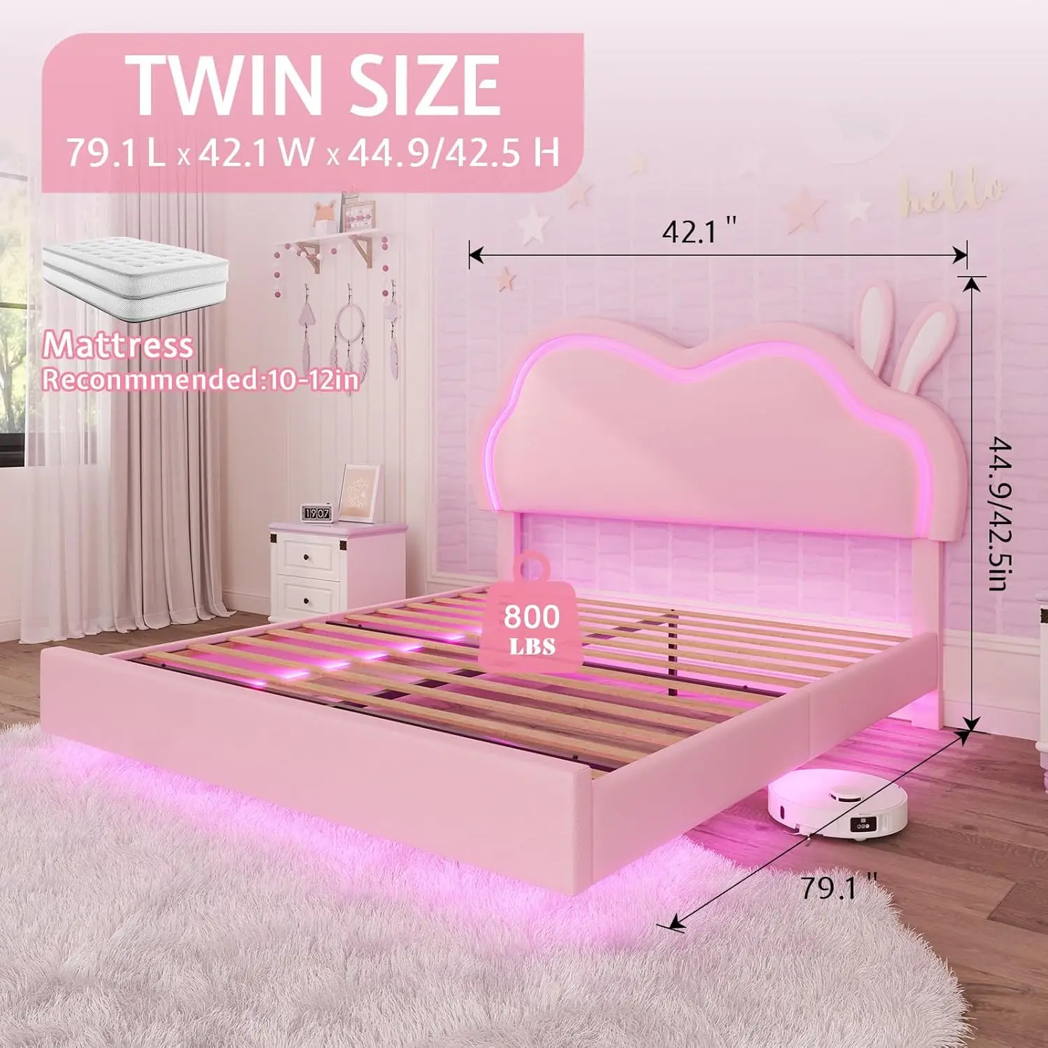 Floating Twin Bed Frame With Adjustable LED Headboard, Cute Leather Upholstered Platform Bed Frame With Wood Slats Support, Easy 产品图片 2