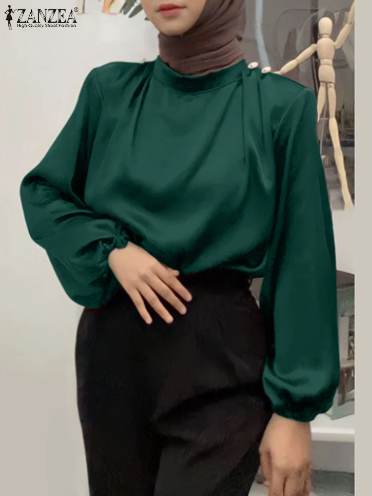 

Elegant Women Muslim Tops Autumn Long Sleeve O Neck Shirt 2023 ZANZEA Fashion Satin Blouse Dubai Turkey Abaya Work Blusas Tunic