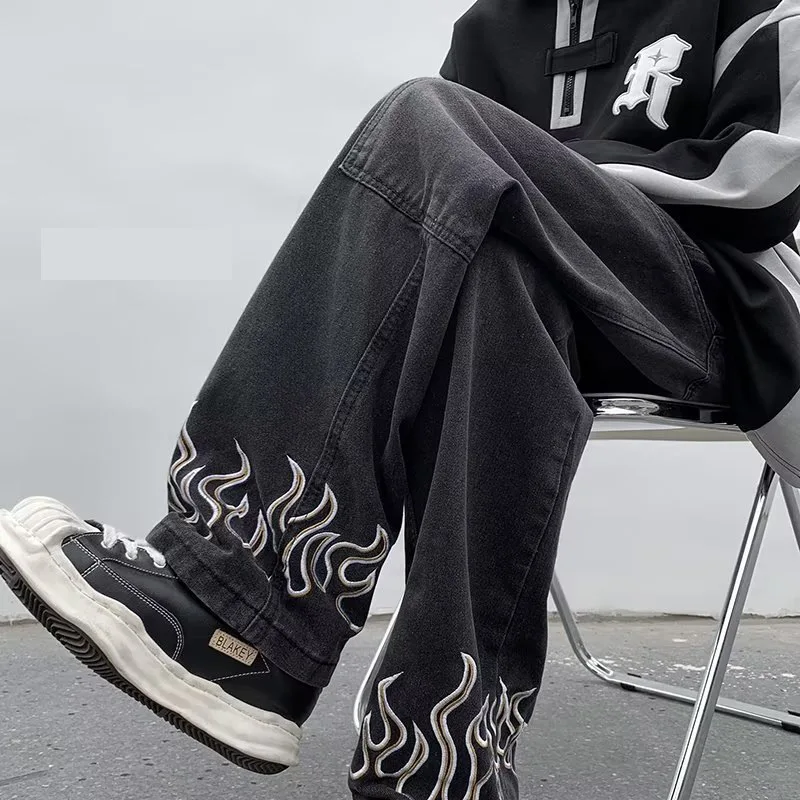 

Y2K Jeans Men Flame Printed Wide Leg Straight Denim Pants Streetwear Autumn Youth Trendy Washed Distressed Loose Cotton Trousers