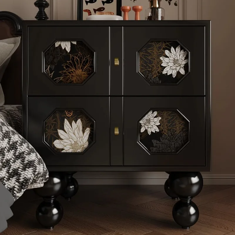 French retro national style solid wood bedside table black medieval bedside table sofa side Nordic environmentally friend