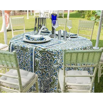 110 Inches Round Hand Block Printed Cotton Tablecloth, Blue White Floral Table Cloths Washable, Indian Table Linen for Dinning H