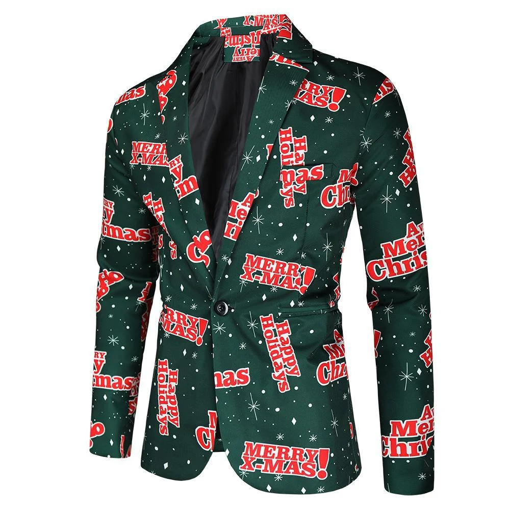 Gorro navideño de anime para hombre, chaqueta azul y roja, divertido árbol de Navidad, muñeco de nieve, estampado, blazer de un botón, frente abierto, trajes de trabajo de oficina para negocios